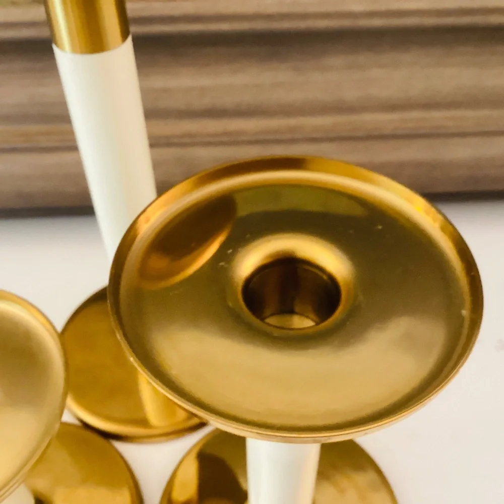 set of 3 IKEA Glittrig candlesticks gold and ivory Discontinued Tapered Pillar